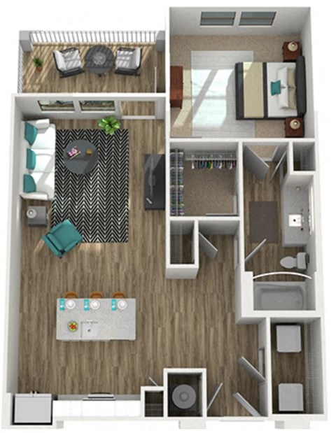 Floor plan for 1 bed, 1 bath, 907 sqft